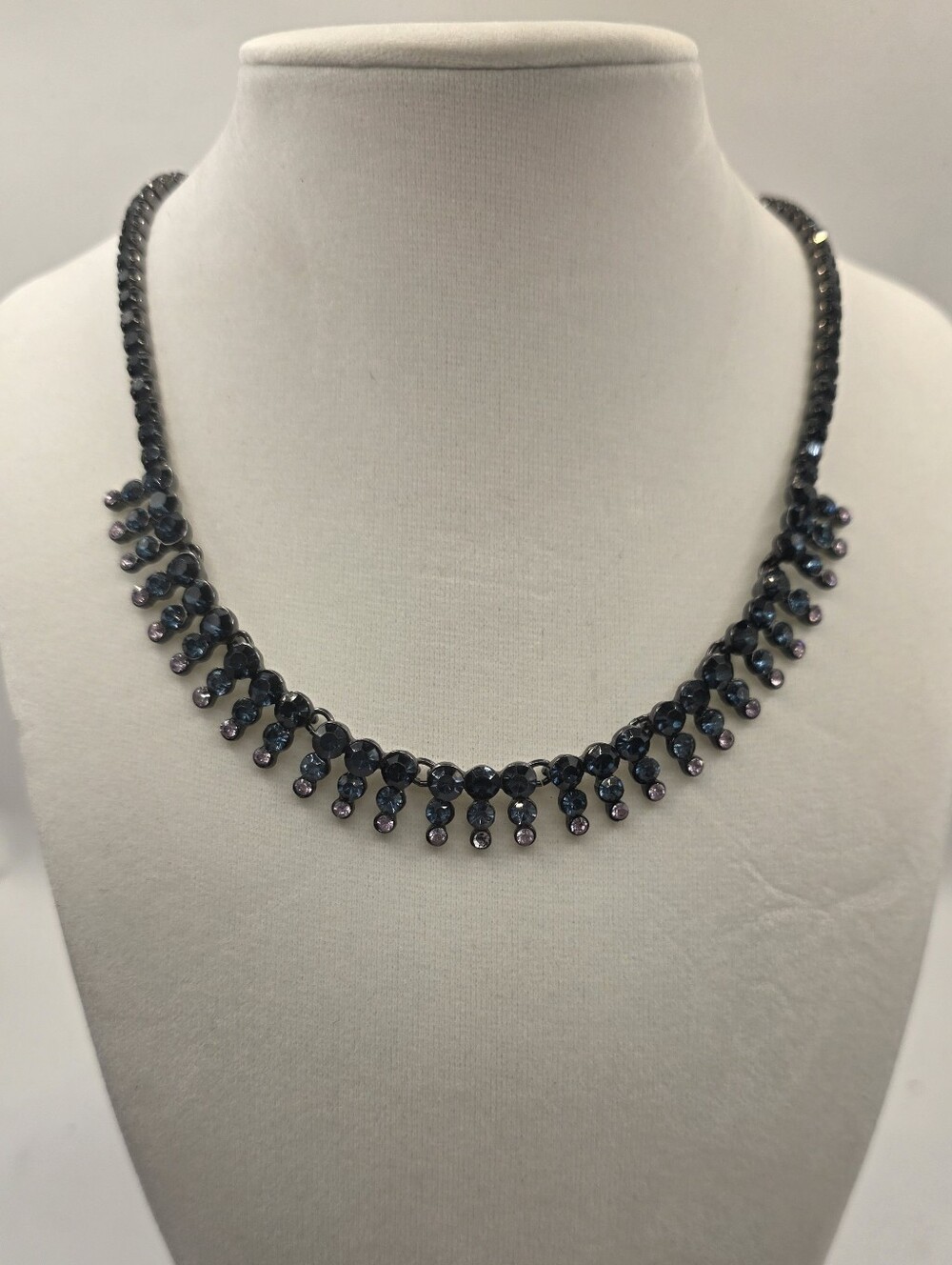 Vintage Style Dark Blue & Purple Rhinestone Fringe Collar Necklace Gunmetal Tone